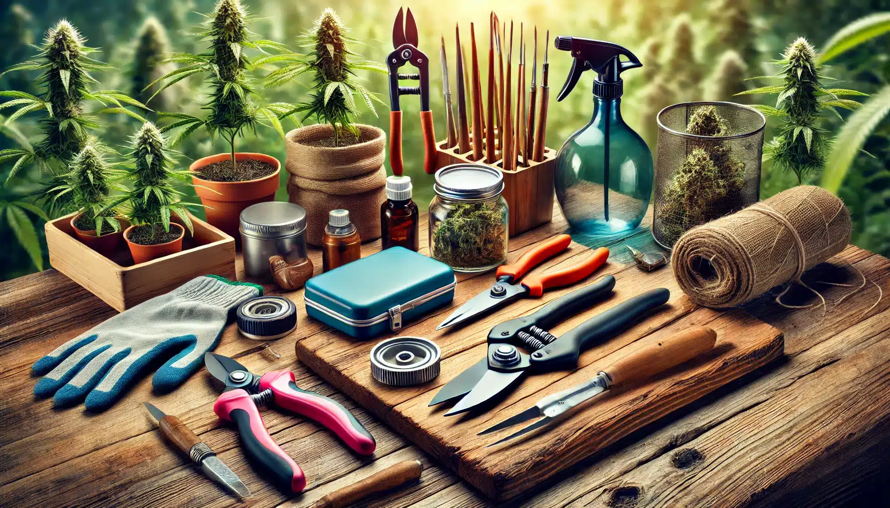 A vibrant and educational themed wide image featuring a variety of cannabis harvesting tools such as trimming scissors, pruning shears, gloves, and hands, harvesting tools