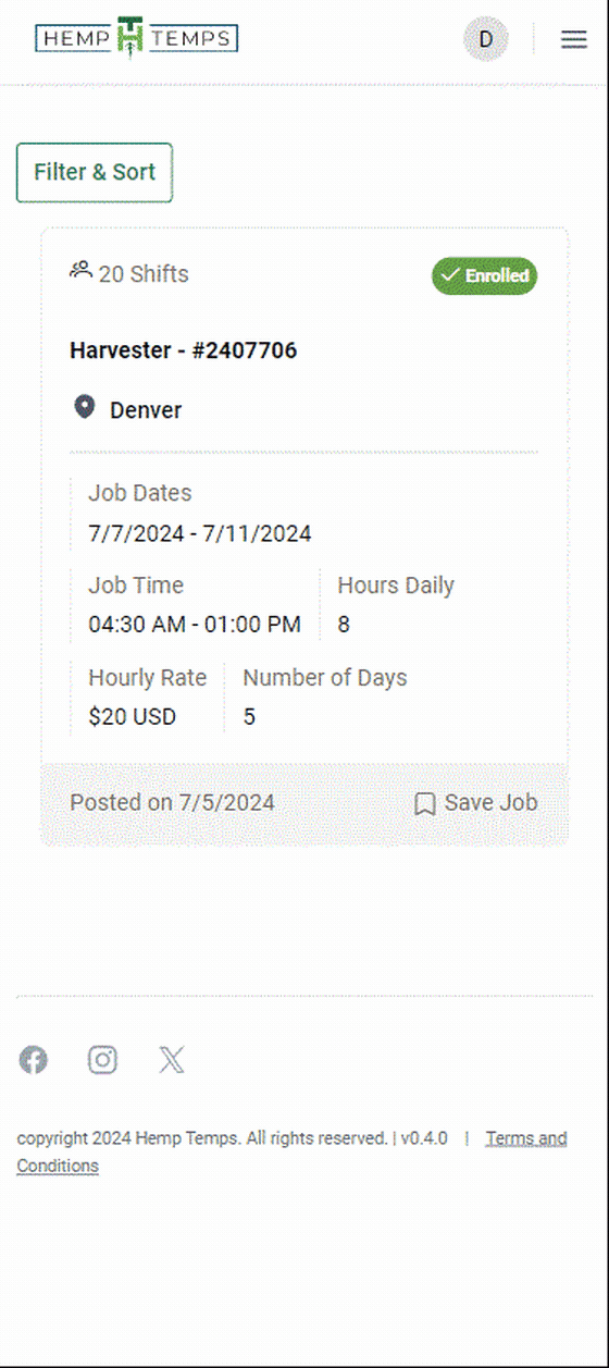 hemp temps app mobile view filter and sort jobs