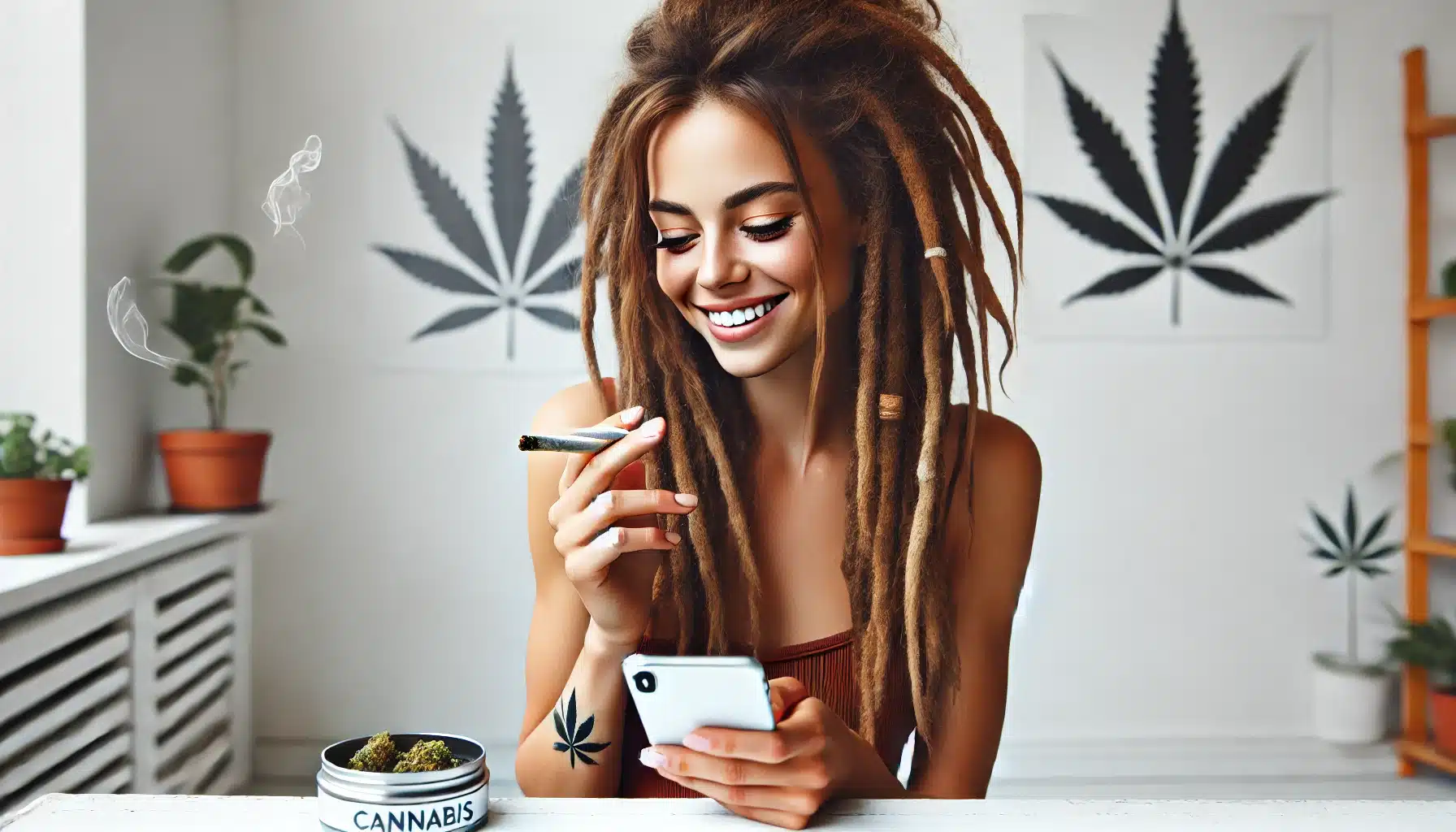 how to pick up a cannabis job with the hemp temps app - beautiful hipster smokes a joint and lands jobs